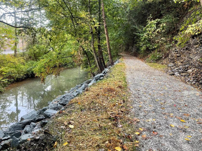 Duff Park in Murrysville after rip-rap, bank grading, trail resurfacing