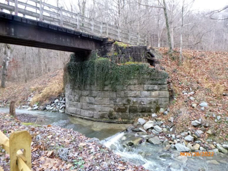 The Great Allegheny Passage trail bridge over Cedar Creek after its eroding foundation was stabilized